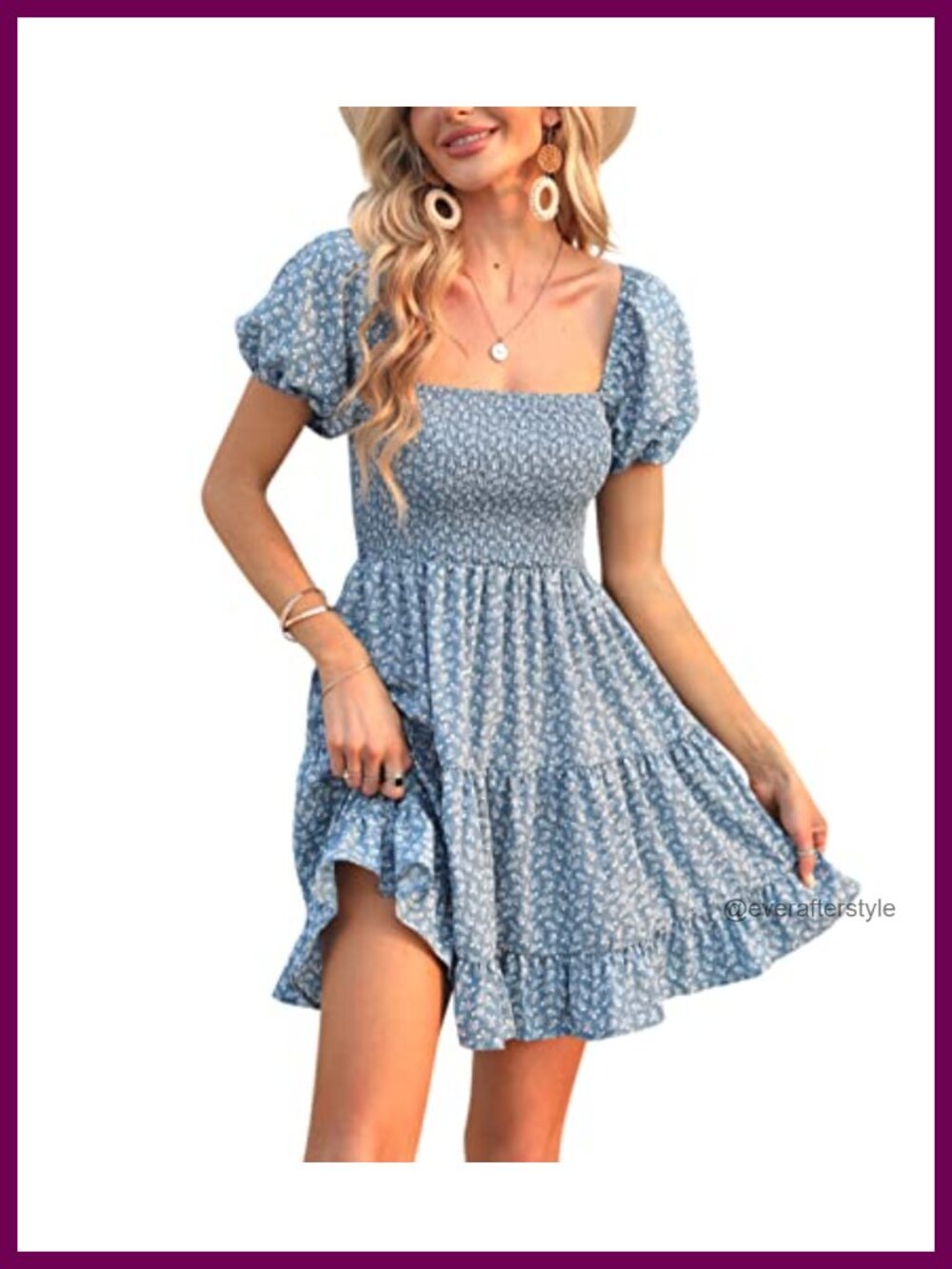 Puff Sleeve Square Neck Smocked Babydoll Mini Dress Ruffle A-Line
